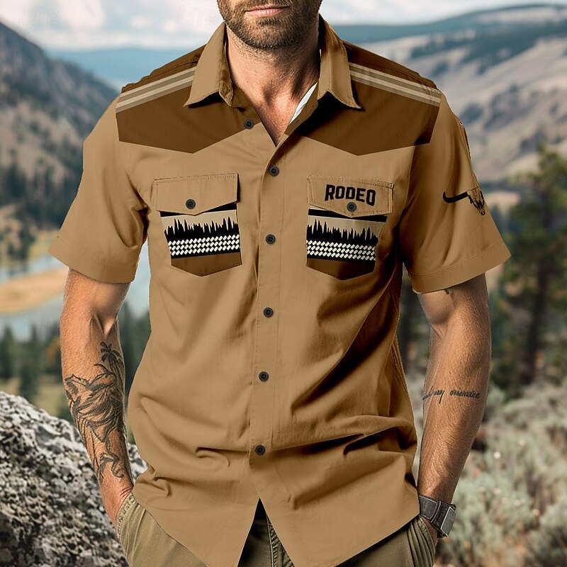 Men's Southwestern Print Shirt Western Shirt Cowboy Shirt Short Sleeve Western Style Outdoor Party Summer Spring Shirt Collar Black Blue Khaki