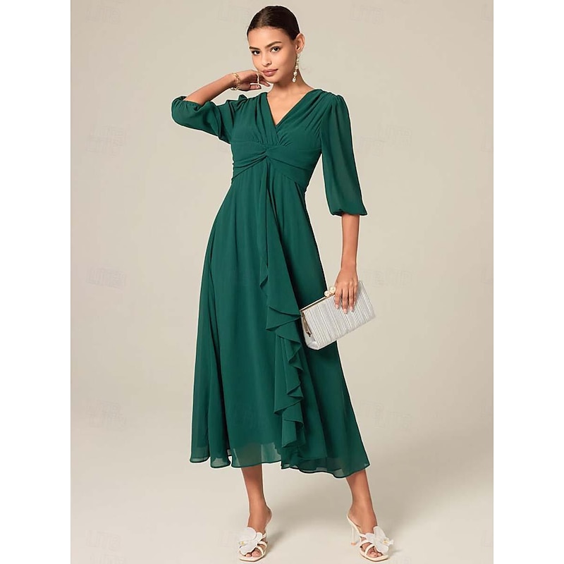 Women's Midi Dress Green Solid Color V-Neck Half Sleeve Ruffled Sophisticated Chic Zip-Back Summer Semi-Formal Wedding Party Evening Elegant Flowy Lightweight Apparel4