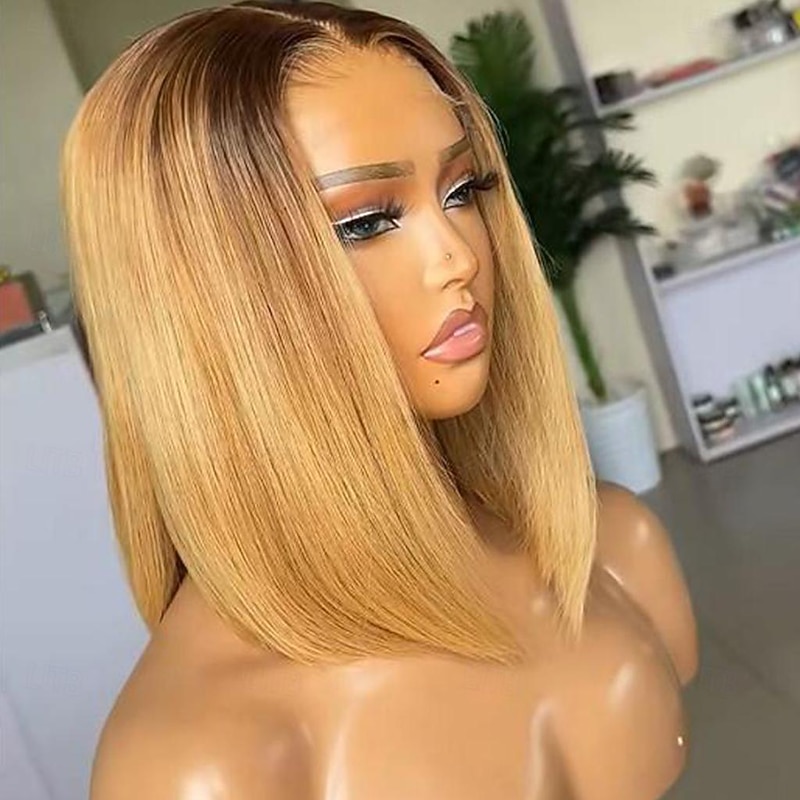 Straight Human Hair Lace Front Wig Brazilian Virgin Hair Ombre Color Honey Blonde Short Bob Lace Front Wig with Baby Hair for Women4