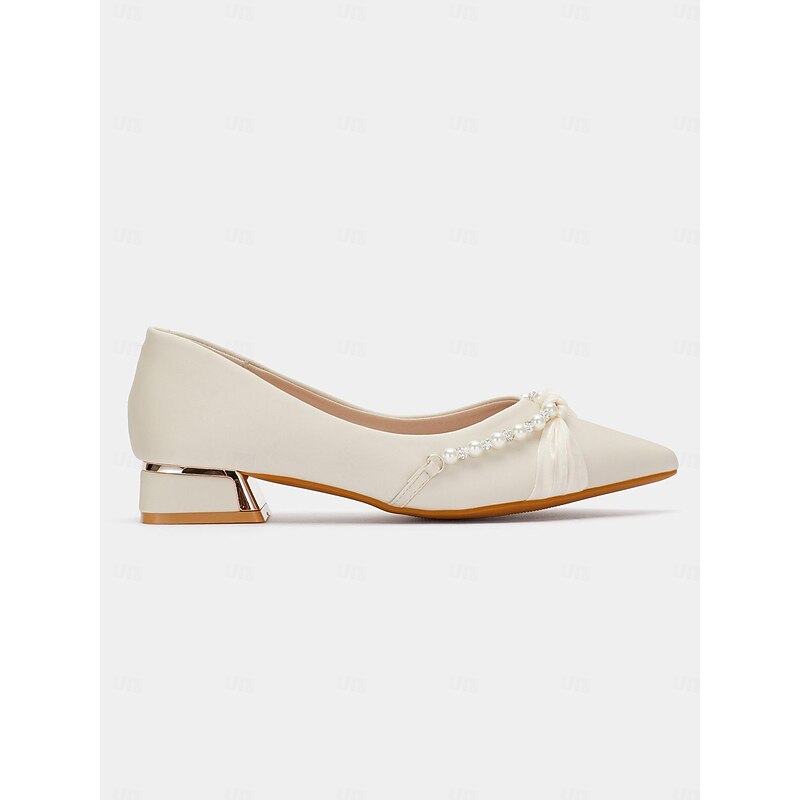 Women's Pearl Embellished Low Heel Flats - Elegant Pointed Toe Slip-On Shoes for Weddings and Formal Events3