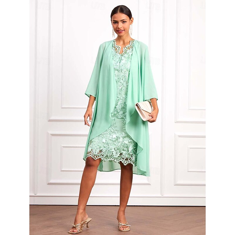 Women's Wedding Guest Cocktail Dress Set Chiffon Lace V Neck 3/4 Length Sleeve Mini Dress Party Elegant Formal Light Green Summer Spring 11
