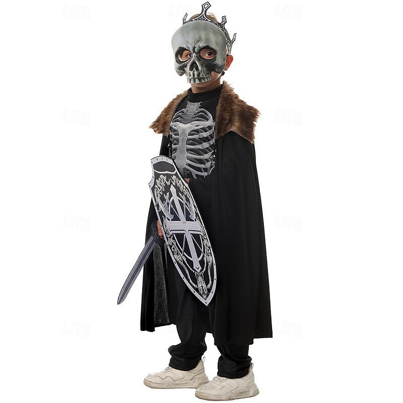 Skull Skeleton Halloween Cosplay Costume Cloak Medieval Horror Kid's Boys' Carnival Masquerade Performance Easy Halloween Costumes Dress Up4