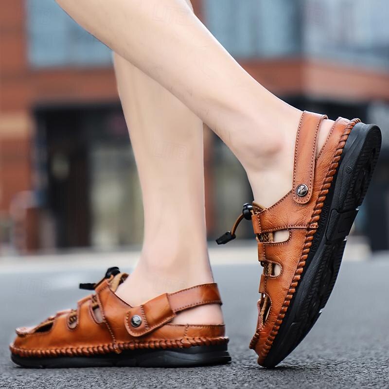 Men's Brown Faux Leather Outdoor Fisherman Sandals – Breathable Casual Slip-On Shoes with Adjustable Strap for Summer Hiking and Walking4