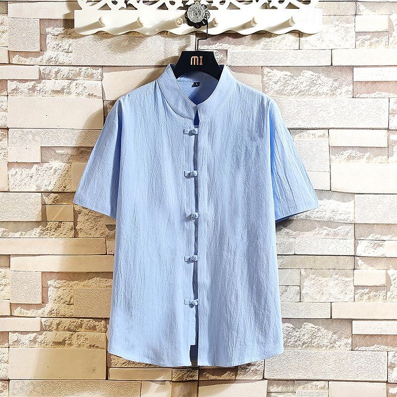 Men's Shirt Chinese Collar Shirt Mandarin Collar Shirt Summer Shirt Casual Shirt Beach Shirt Black White Blue khaki Short Sleeve Plain Mandarin Collar Vacation Holiday Clothing Apparel Polyester2