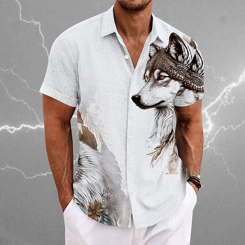 Men's Wolf Shirt Button Up Shirt Short Sleeve Vintage Casual Vacation Daily Hawaiian Summer Spring Turndown Collared Shirts Button Up 3D Print Blue Brown Gray2