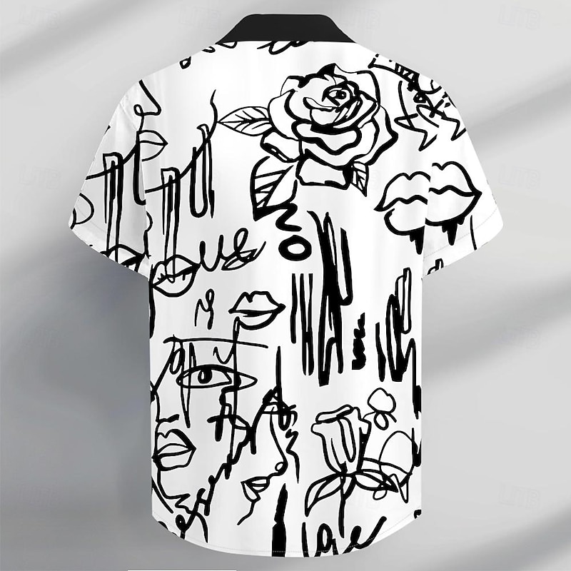 Men's Graffiti Shirt Button Up Shirt Short Sleeve Casual Vacation Daily Summer Turndown Collared Shirts Button Up 3D Print Black White3