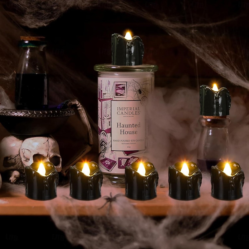 12pcs Black LED Tea Lights Halloween Night Lights Candle Lights Outdoor Indoor Garden Halloween Decor Halloween Electric Candles Battery Powered Halloween Lanterns Holiday Party Decorations4