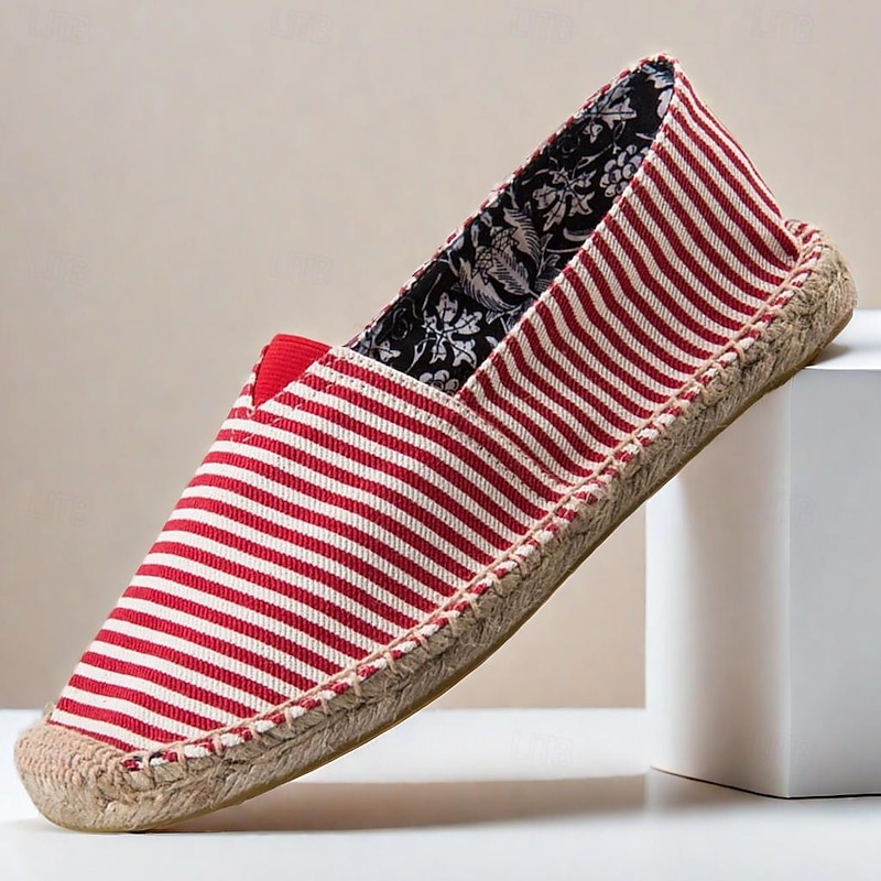 Men's Nautical Red and White Striped Espadrilles: Breathable Cotton Slip-On Shoes for Beach and Casual Summer Outings