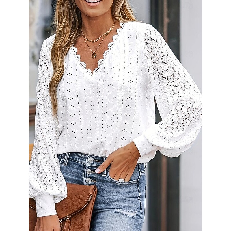Women's White Elegant Lace Tops Eyelet Blouse Dressy Tops Plain Lace Cut Out Street Daily Fashion V Neck Regular Fit Romantic Petite Tops Summer Holiday Wear Black White