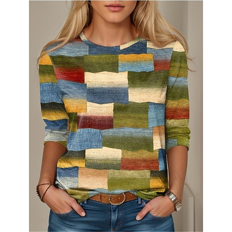 Women's T Shirt Color Block Geometry Fashion Modern Long Sleeve Crew Neck Regular Tops Vacation Daily Print Pink Blue Dark Green Green Spring &  Fall2