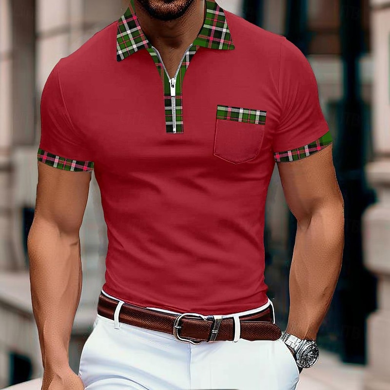 Men's Sports Polo Shirts Golf Shirt Casual Holiday Lapel Quarter Zip Short Sleeve Fashion Basic Plain Quarter Zip Summer Regular Fit Red Sports Polo Shirts