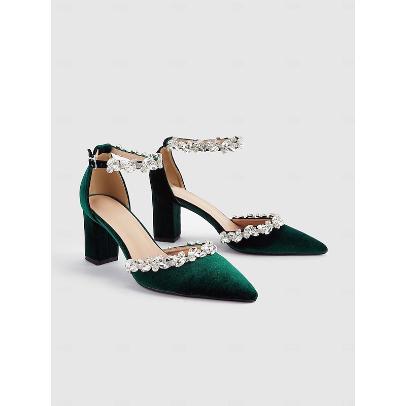 Women's Green Velvet Block Heel Pumps with Rhinestone Ankle Straps for Weddings and Formal Events2