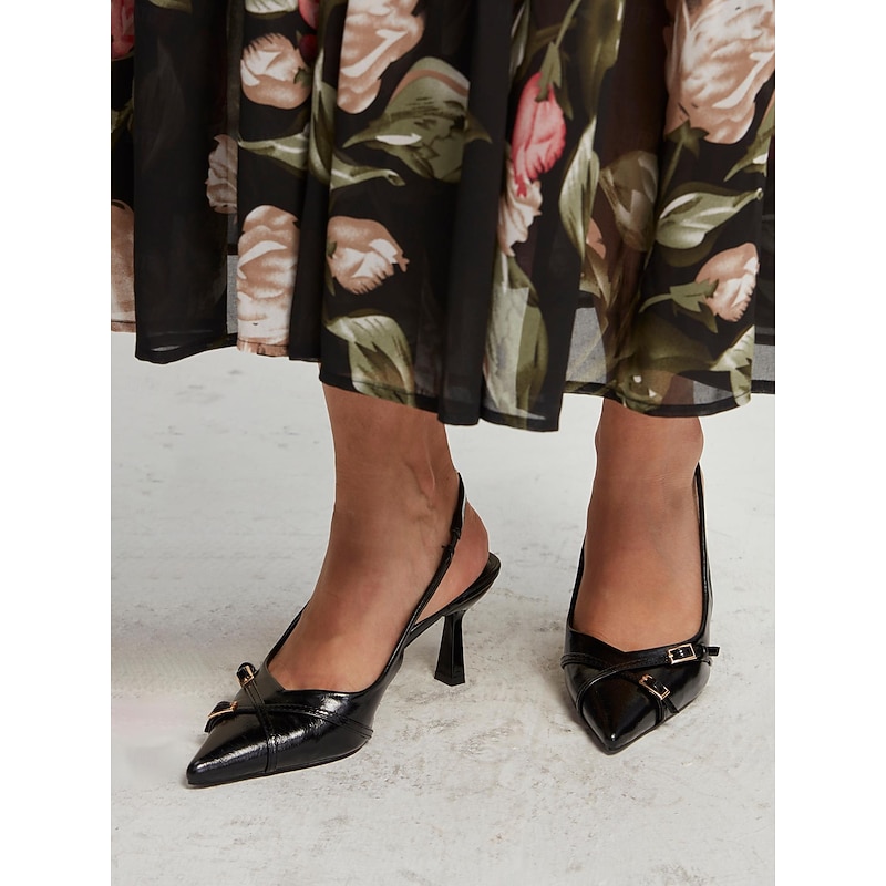 Elegant Women's Black Pointed Toe Slingback Heels with Buckle Detail for Formal Events and Evening Wear