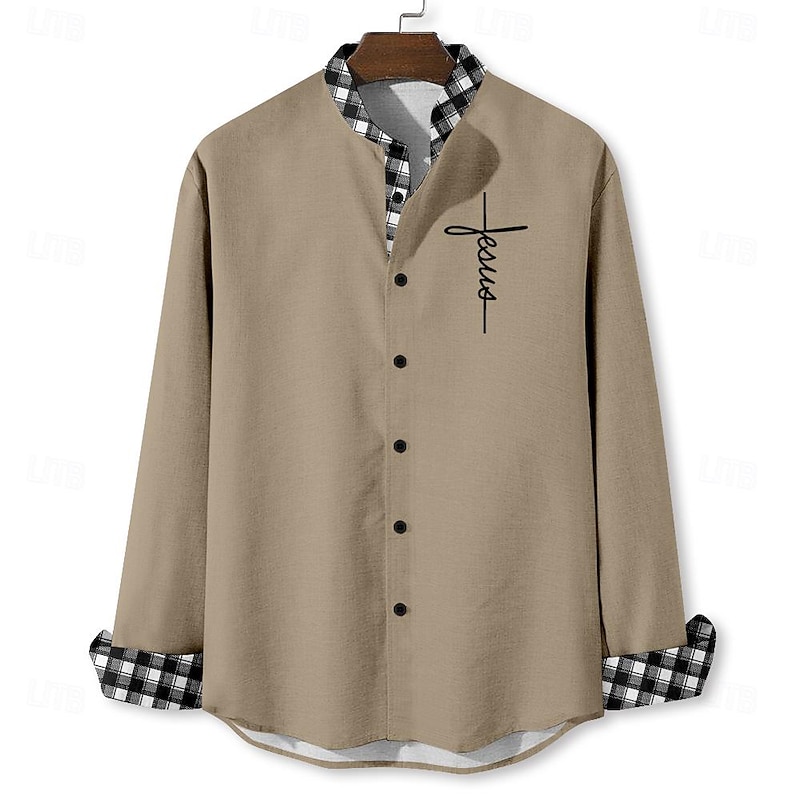 Men's Jesus Shirt Button Up Shirt Long Sleeve Vintage Casual Vacation Daily Summer Spring &  Fall Standing Collar Button Up 3D Print White Blue Khaki Gray