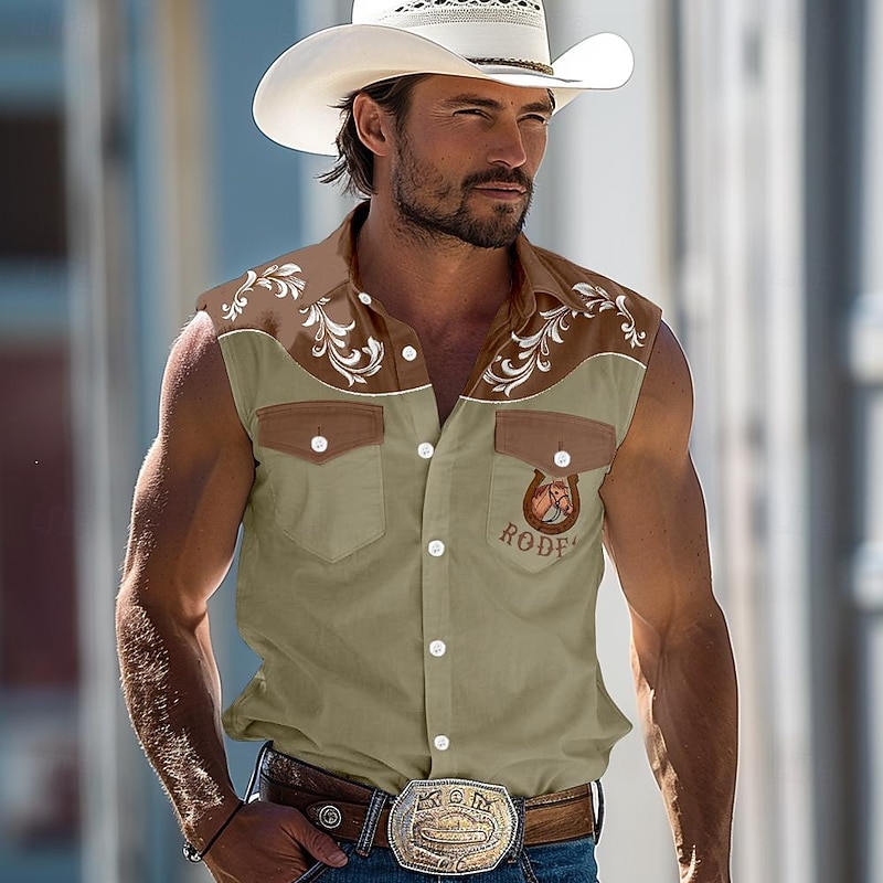 Men's Horse Southwestern Print Shirt Western Shirt Cowboy Shirt Sleeveless Western Style Outdoor Work Causal Summer Spring Shirt Collar Blue Green Khaki2