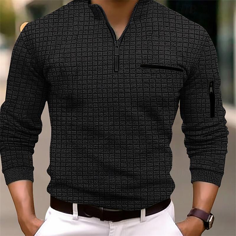 Men's Waffle Polo Shirt Quarter Zip Polo Daily Holiday Quarter Zip Long Sleeve Fashion Modern Plain Pocket Spring &  Fall Regular Fit Black White Navy Blue Orange Light Grey Dark Gray Waffle Polo3