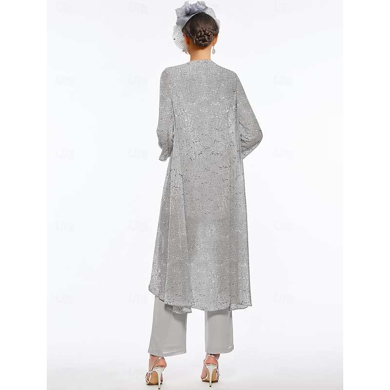 Beach Wedding Pantsuit 3 Piece Mother of the Bride  Wedding Guest Elegant Scoop Neck Floor Length Chiffon Lace Sleeveless Wrap Included with Sequin2