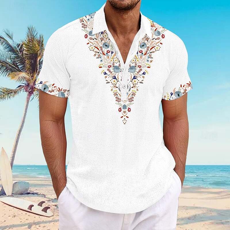 Men's Floral Button Up Shirt Henley Shirt Short Sleeve Hawaiian Resort Outdoor Business / Ceremony / Wedding Casual Summer Spring Fall Turndown White Blue Khaki2