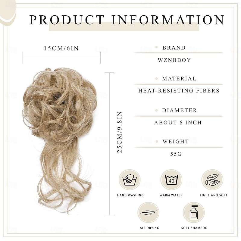 Messy Bun Hair Piece Claw Clip Synthetic Chignon Tousled Updo with Tendrils Hair Extensions Hair Bun Curly Wavy Faux Hair Bun Hair Scrunchies Hair Accessories for Women (Medium Blonde)2