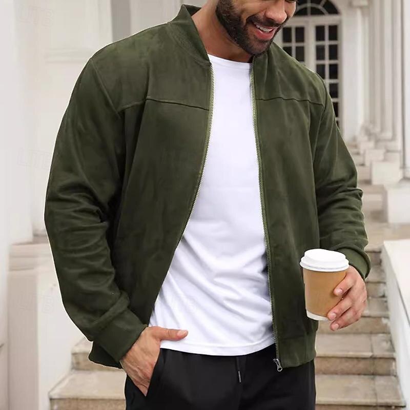 Men's Lightweight Jacket Bomber Jacket Faux Suede Jacket Bomber Leather Jacket Daily Vacation Pocket Fall & Winter Plain Fashion Classic Stand Collar Regular Black Navy Blue Royal Blue Khaki Army