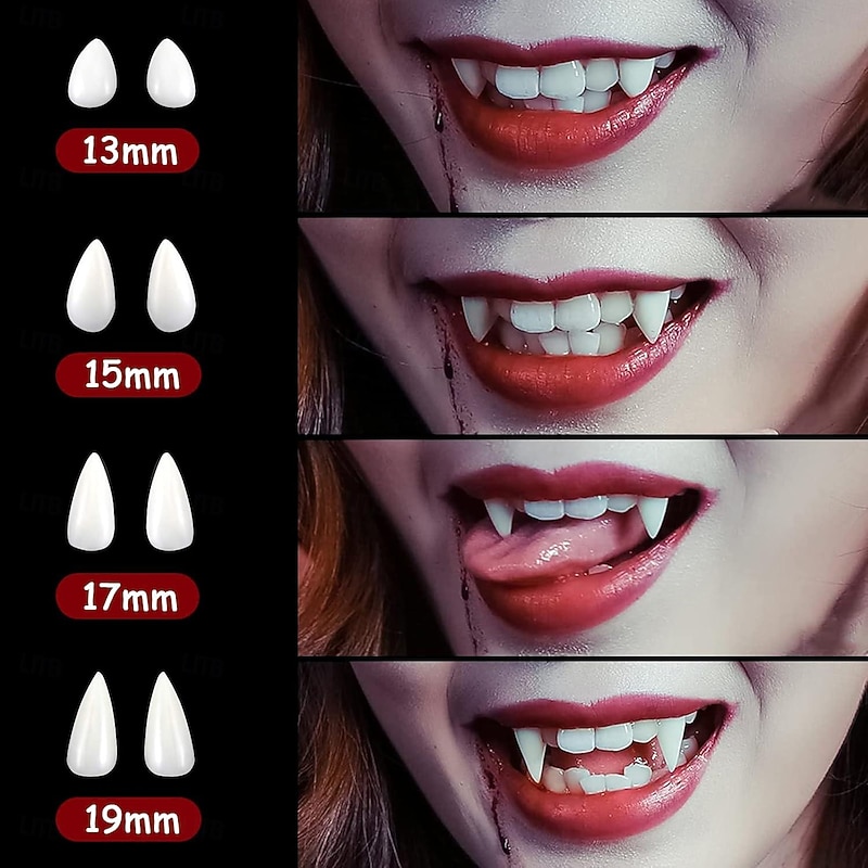 4 Pairs Halloween Vampire Teeth 4 Sizes Custom Fangs Vampire Teeth with 1 Tube Teeth Pellets Adhesive for Cosplay Party Props Halloween Party Fangs Fake Dentures3
