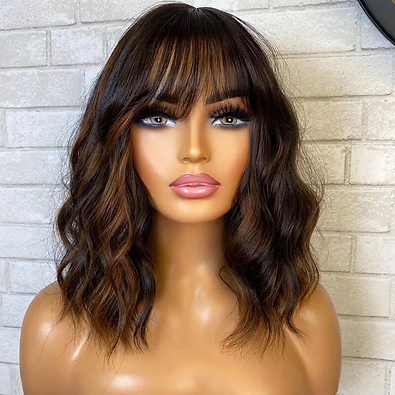 Remy Human Hair 13x4 Lace Front Wig Short Bob Neat Bang Brazilian Hair Wavy Multi-color Wig 130% 150% Density Highlighted / Balayage Hair 100% Virgin Glueless Pre-Plucked For Women Long Human Hair4