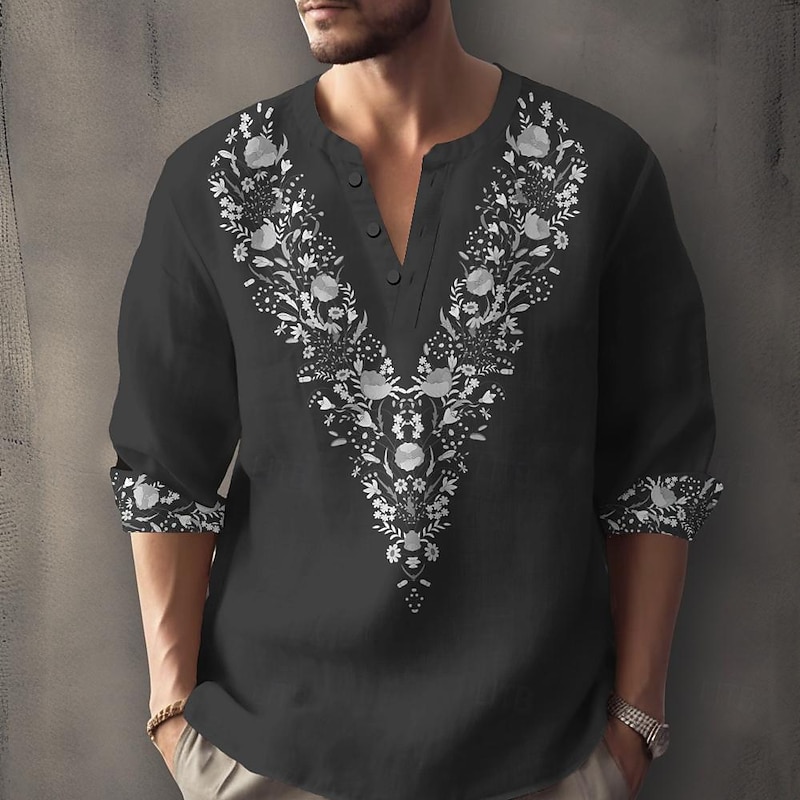 Men's Ethnic Shirt Button Up Shirt Henley Shirt Long Sleeve Casual Tribal Vacation Daily Summer Spring Fall Collarless V Neck Print Black White Blue Orange3