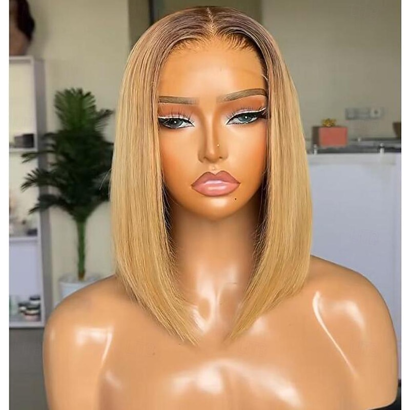 Straight Human Hair Lace Front Wig Brazilian Virgin Hair Ombre Color Honey Blonde Short Bob Lace Front Wig with Baby Hair for Women2
