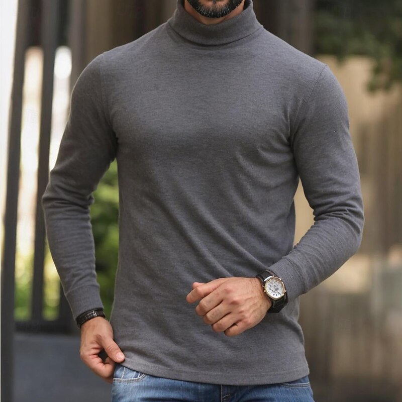 Men's T Shirt Long Sleeve Shirt Mock Turtleneck Long Sleeve Rolled collar Spring &  Fall Plain Fashion Designer Casual Street Sports Holiday Black White Green Top Tee for Men2