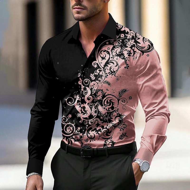 Men's Floral Shirt Dress Shirt Button Up Shirt Long Sleeve Business Casual Party Daily Fall Winter Spring & Summer Turndown Button Up 3D Print Black Yellow Pink4