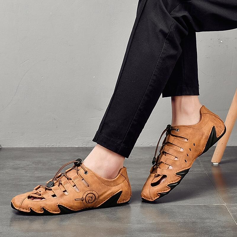 Men's Brown Leather Outdoor Sandals with Secure Lace-Up Design - Perfect for Hiking and Casual Wear4