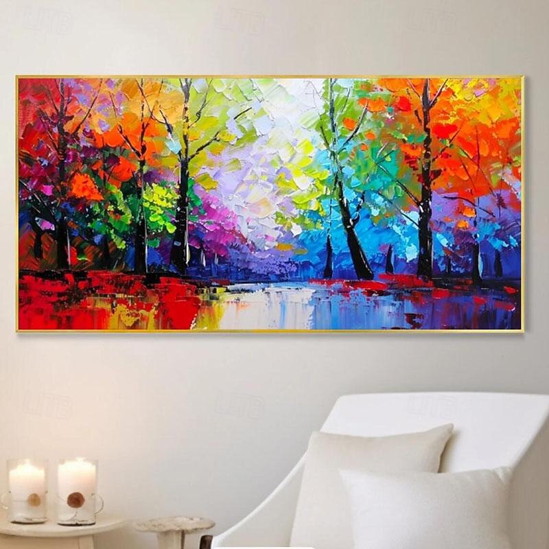 Handmade Autumn Colorful Forest Landscape Hand Painted Oil Painting Large Birch Tree Wall Art Gift Texture Custom Home Decor No Frame