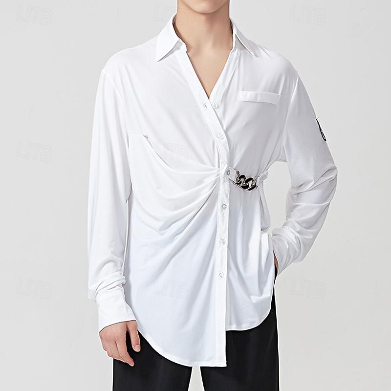 Latin Dance Top Metal Chain Men's Performance Daily Wear Long Sleeve Crystal Cotton