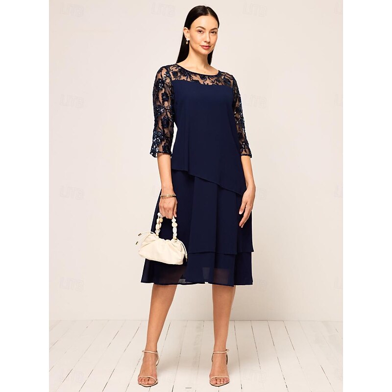 Women'sWedding Guest Cocktail Dress Chiffon Ruffle Party Elegant Formal Crew Neck Flared Sleeve Dark Blue Color4