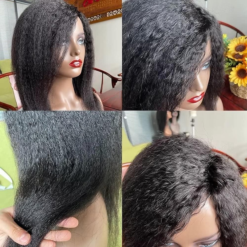 Human Hair Wig Short Medium Length kinky Straight Yaki Straight Side Part With Bangs Black Natural Color Natural Black Women Adjustable Thick Machine Made Capless Brazilian Hair All Natural Black #1B4