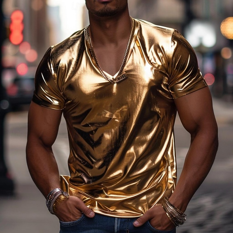 Men's Shirt T Shirt Tee Short Sleeve V Neck Summer Plain Exaggerated Designer Big and Tall Wedding Party Cocktail Attire Silver Black Gold Top Tee for Men