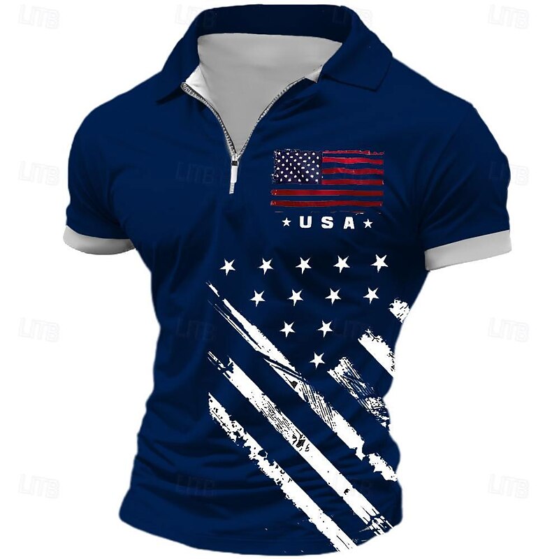 Men's American Flag Veterans Zip Polo Shirts Golf Shirt Short Sleeve Polo Shirts Collared Shirts Streetwear Vacation Wear Party Outfits 3D Print Quarter Zip Polo Spring & Summer White Blue