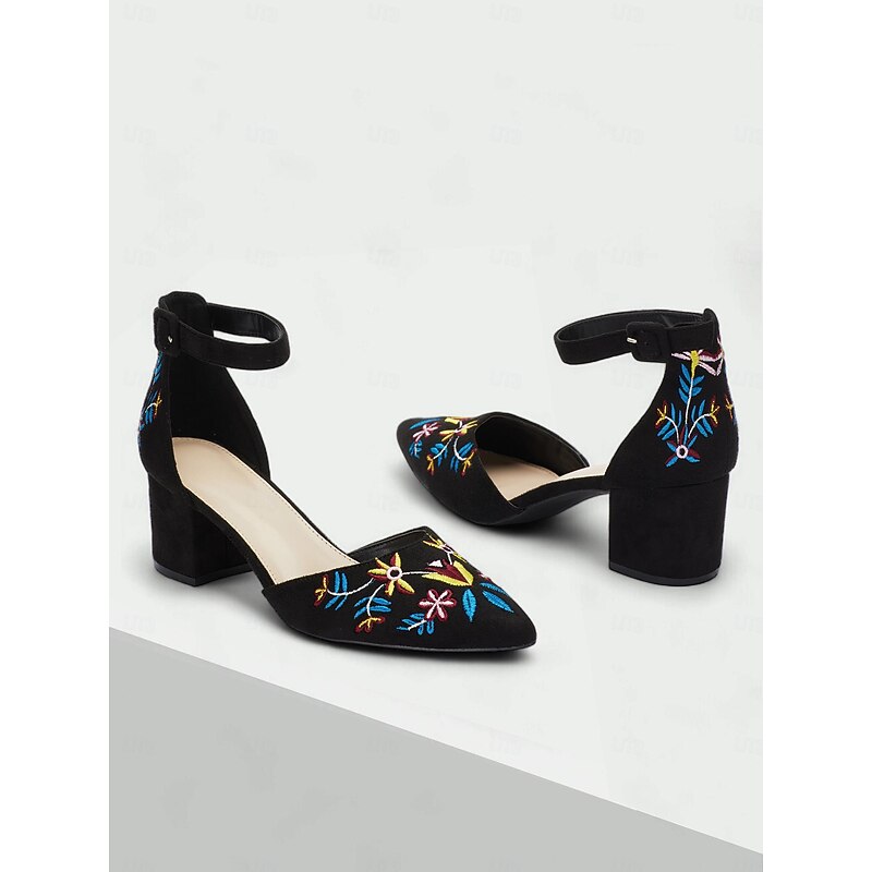 Women's Embroidered Ankle Strap Block Heels - Elegant Floral Pattern Dress Shoes for Parties and Events2