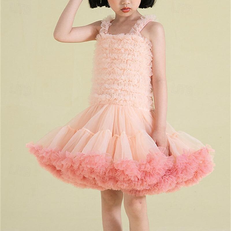 Girls' 3D Solid Color Cami Dress Sleeveless Summer Performance Party Birthday Princess Beautiful Sweet Little Kids(4-7ys) 4-7 Years Strap Dress Tulle Dress Above Knee Regular Fit3