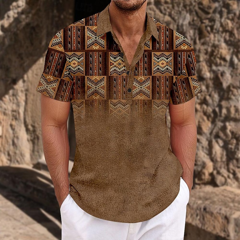 Men's Ethnic Shirt Button Up Shirt Short Sleeve Casual Tribal Daily Holiday Summer Spring Turndown 3D Print Button-Down Blue Brown Gray