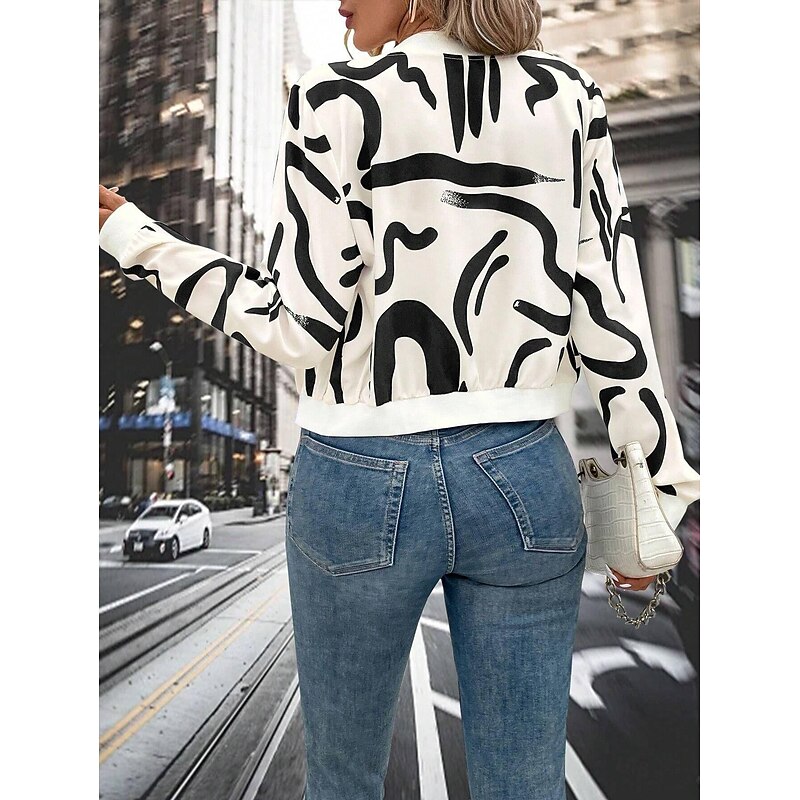 Women's Coat Outdoor Street Daily Fall Winter Short Coat Regular Fit Windproof Breathable Stylish Contemporary Casual Jacket Long Sleeve Print Full Zip Print White2