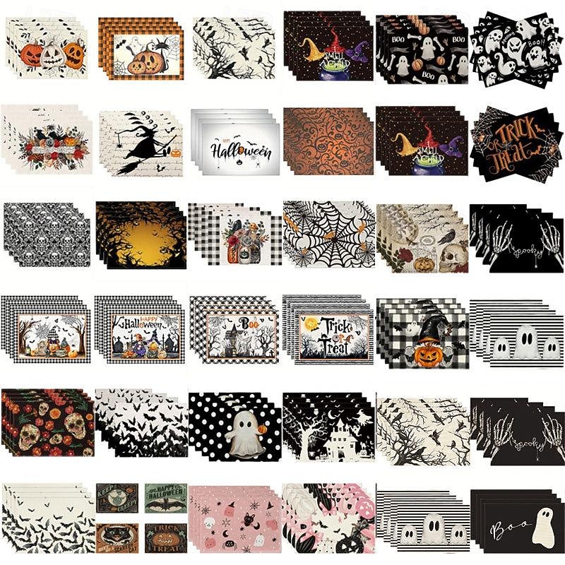 4pcs/set Halloween Placemats,12x18 Inch Pumpkin Ghost Truck Bats Buffalo Plaid Washable Linen Dining Table Place Mats Farmhouse Seasonal Kitchen Dinner Party Holiday Decor2