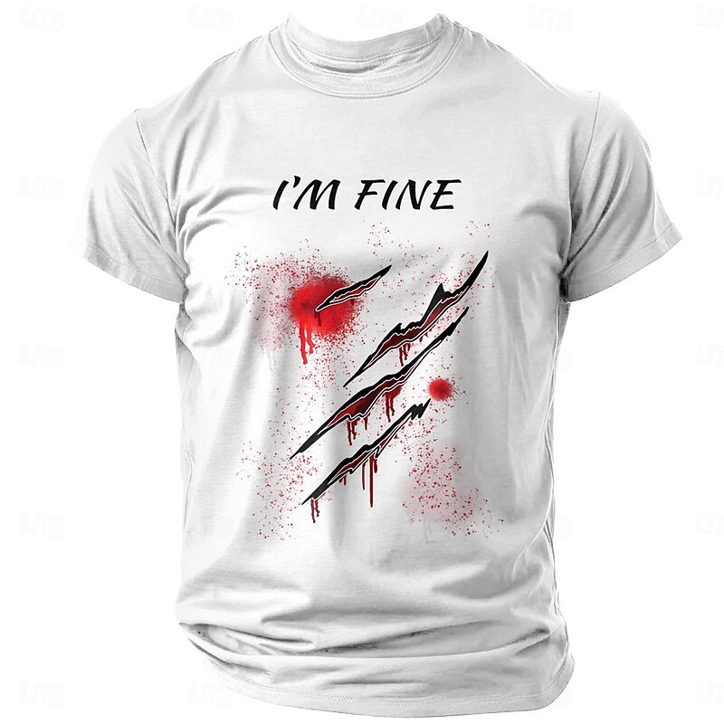 Men's Short Sleeve Graphic T-Shirt with 'I'M FINE' Bloody Claw Marks Print, Dark Humor Ironic Lifestyle Tee