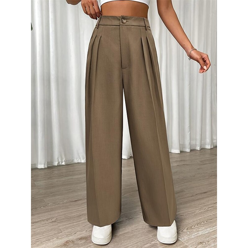 Women's Dress Pants Fashion Long Plain Side Pockets Wide Leg Breathability Comfortable Inelastic Daily Wear Khaki Spring & Summer Regular Fit4
