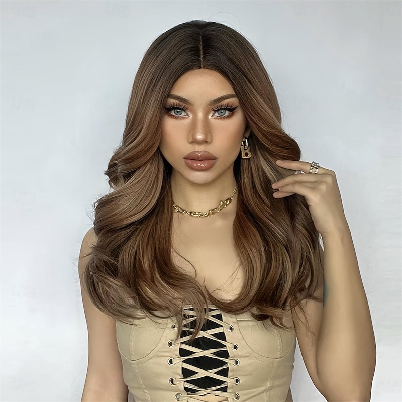 Cosplay Costume Wig Curly Wavy Middle Part Machine Made Wig 20 inch Light Brown Synthetic Hair Women's Middle Part Adjustable Cool Brown4