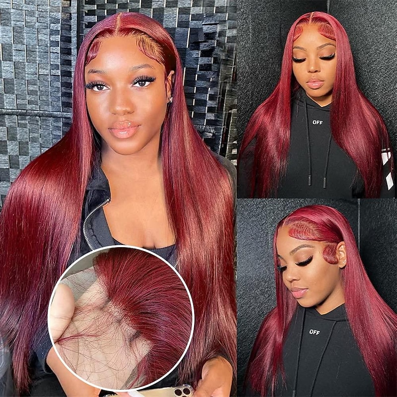 Remy Human Hair 13x4 Lace Front Wig Free Part Vietnamese Hair Body Wave Natural Straight Burgundy Wig 150% Density with Baby Hair Glueless Pre-Plucked For wigs for black women Long Human Hair Lace Wig2