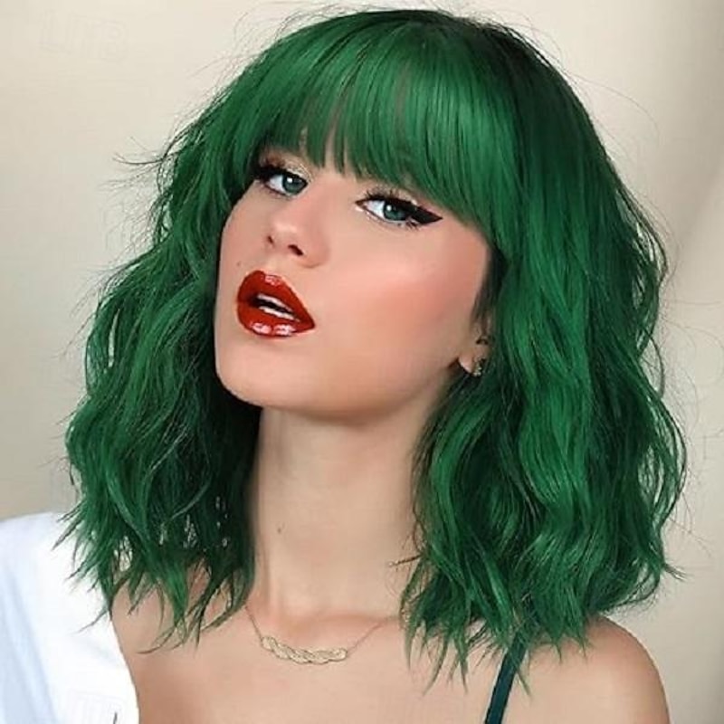 Ombre Brown Wig with Bangs for Women Shoulder Length Bob Wavy Charming Synthetic Wigs with Natural Curly Heat Resistant Hair Halloween Wigs