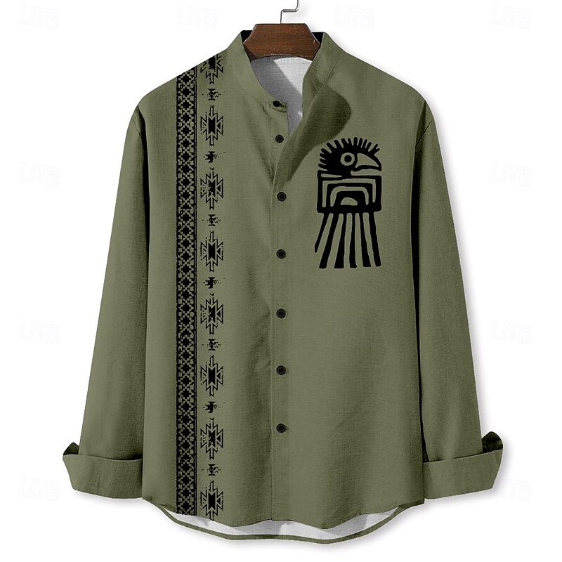 Men's Ethnic Shirt Button Up Shirt Long Sleeve Vintage Casual Tribal Vacation Daily Summer Spring &  Fall Standing Collar Button Up 3D Print Blue Green Khaki Gray3