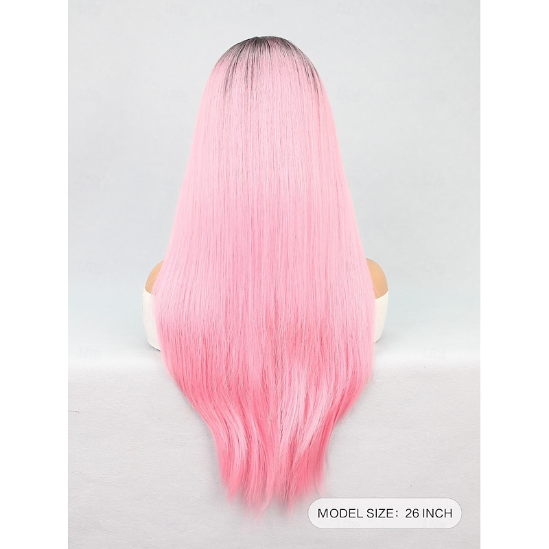 Synthetic Lace Wig Straight Style 26 inch Pink Middle Part U Part Wig Women's Wig Light Pink3