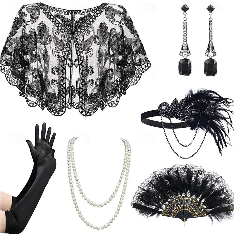 1920s The Great Gatsby Outfits Flapper Headband The Great Gatsby Wedding Guest Collarless Fancy Dress Women's Halloween Carnival Masquerade Party Masquerade Wedding Reception Adults' 1 Fan Shawl2